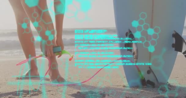 人間のアニメーションは数学の方程式で海をサーフィンする準備ができています デジタル複合ビデオ — ストック動画