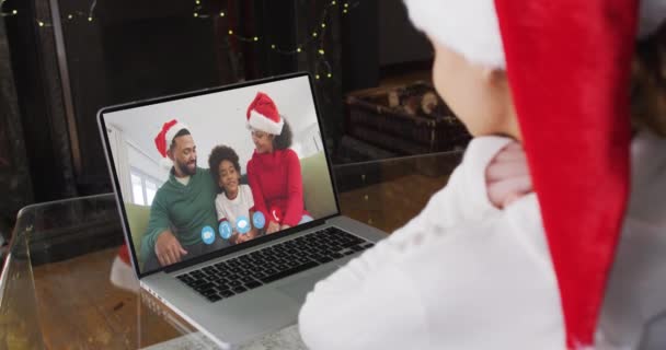 Caucasian Woman Spending Time Home Wearing Santa Hat Sitting Fireplace — Stock Video