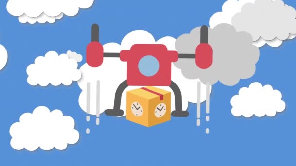 헬리콥터 아이콘의 디지털 애니메이션입니다 패키지 상자를 시그널 시계는 하늘의 구름과 — 비디오