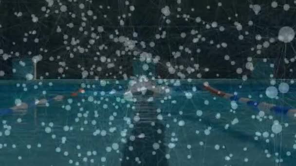Анимация Цифрового Интерфейса Сетью Соединений Над Человеком Плавающим Бассейне Глобальная — стоковое видео