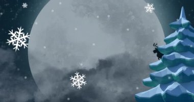 Noel Baba 'nın kızakta olduğu kış manzarasının animasyonu ren geyikleri tarafından çekiliyor, dolunay, mavi arka plana düşen kar taneleri. Noel kış mevsimleri dijital olarak üretilen imaj kutlaması konsepti.