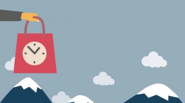 El ele tutuşmanın dijital animasyonu, alışveriş poşeti ikonu, saatle birlikte, dağlarla ve bulutlarla çevrili manzaraya karşı. küresel lojistik ve iş konsepti