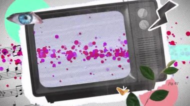 Televizyon ekranındaki pembe noktaların dijital animasyonu ve insan gözü, kelebek ve gök gürültüsü ikonu gri sırt gordonunda müzik elemanlarına karşı. hareket kavramı dijital olarak oluşturulmuş video