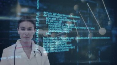 DNA ipliği, bilimsel veri işleme ve arka planda bağlantı ağı olan kadın doktorların animasyonu. Küresel ağ bağlantıları konsepti dijital bileşik.