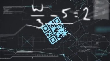 Yüzen matematiksel denklemler ve bağlantı ağı, siyah arkaplan üzerinde veri işleme bir döngü içinde mavi QR kodu animasyonu.