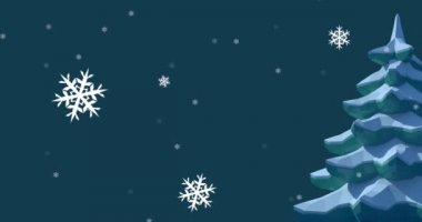 Kar taneleri düşen kış manzarası ve mavi arka planda köknar ağacı animasyonu. Noel kış mevsimleri dijital olarak üretilen imaj kutlaması konsepti.