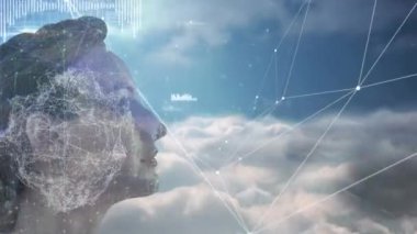 Arkasında mavi gökyüzünde bağlantıları ve bulutları olan bir kadın animasyonu. Küresel ağ bağlantıları konsepti dijital bileşik.