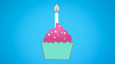 Mavi arka planda kekin içinde doğum günü mumunun animasyonu. doğum günü kutlaması konsepti dijital olarak oluşturulmuş görüntü.