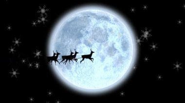 Noel Baba 'nın kızakla çekilme animasyonu ren geyikleri tarafından çekilme, kar yağması ve siyah arka planda dolunay. Noel kutlaması konsepti dijital olarak oluşturulmuş görüntü.