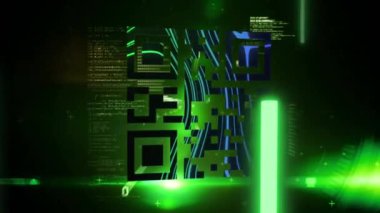 Yeşil neon elementlerle parlayan QR kodunun animasyonu ve siyah arkaplanda ikili kodlama veri işlemesi. Dijital olarak oluşturulmuş küresel çevrimiçi güvenlik veri teknolojisi kavramı.