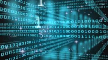 Siyah arkaplandaki mavi sayılar üzerinde yüzen beyaz parlak sayıların animasyonu. Dijital bileşik video