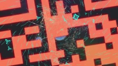 Kırmızı QR kodunun animasyonu, siyah arkaplanda sosyal simgelerin olduğu mavi halkalarla yüzen bağlantılar ağı. Dijital bileşik video