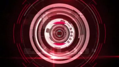 Kırmızı dairesel dürbün tarayıcısının dijital animasyonu ve siyah arkaplana karşı dijital işlem. hareket kavramı dijital olarak oluşturulmuş video