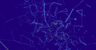 Sarı pleksus ağlarının dijital animasyonu mavi arka planda uçar. Küresel ağ ve bağlantı kavramı