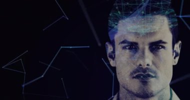 Arka planda hareket eden ve dönen ağ bağlantıları olan beyaz bir adamın portresinin animasyonu. Küresel ağ bağlantıları konsepti dijital bileşik.