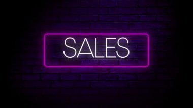 Arka plandaki mavi tuğla duvara karşı neon dikdörtgen çerçeveli satış metninin dijital animasyonu. küresel perakende ticaret kavramı