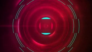Dijital animasyon yuvarlak neon dürbünü kırmızı arka planda oluşan daireleri tarıyor. hareket kavramı dijital olarak oluşturulmuş video