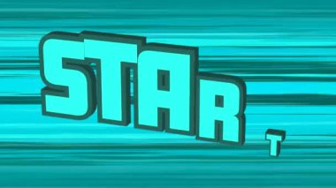 Mavi arkaplanda hareket eden ışık izlerine karşı başlangıç metninin dijital animasyonu. Video oyunu bilgisayar arayüzü kavramı