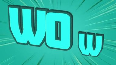 Yeşil arkaplanda ışık izlerine karşı hareket eden wow metninin dijital animasyonu. Video oyunu bilgisayar arayüzü kavramı