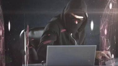 Ağ bağlantılarının animasyonu ve erkek hacker üzerinde yüzen beyaz noktalar