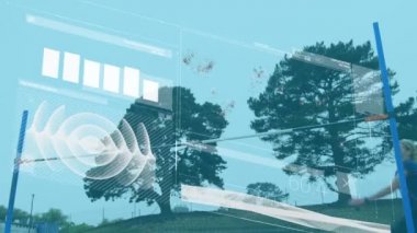 İstatistik kaydıyla dijital arayüzün animasyonu, yüksek atlama yapan kadının veri işlemesi. Dijital olarak oluşturulan küresel bilgisayar ağı teknolojisi kavramı.