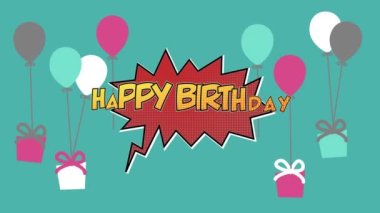 Yeşil arka planda yüzen balonlara bağlı çoklu hediye kutularına karşı retro konuşma balonunda mutlu yıllar metninin dijital animasyonu. doğum günü konsepti