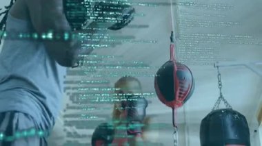 Dijital arayüzün animasyonu istatistik taraması ve kadın boksörle erkek antrenör boksörünün veri işlemesi. Dijital olarak oluşturulan küresel bilgisayar ağı teknolojisi kavramı.