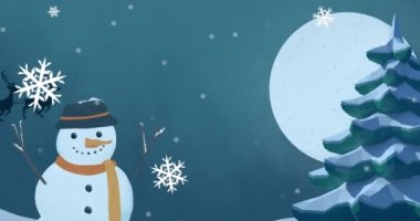 Kış manzarasının kardan adamla canlandırılması, Noel Baba 'nın kızakta ren geyikleri tarafından çekilmesi, dolunay, mavi zemine düşen kar taneleri. Noel kış mevsimleri dijital olarak üretilen imaj kutlaması konsepti.