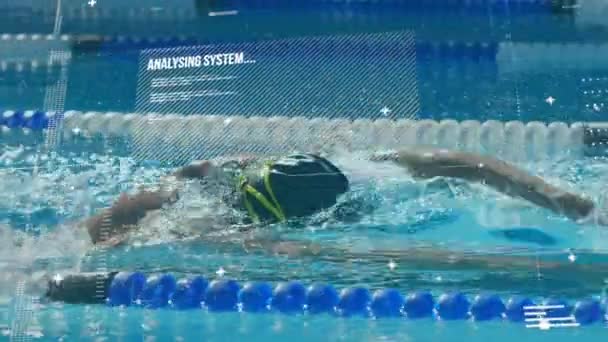 スイミングプールでの人間の水泳の上にテキストやデータ処理とデジタルインターフェイスのアニメーション グローバルコンピュータネットワーク技術の概念デジタル生成された画像 — ストック動画