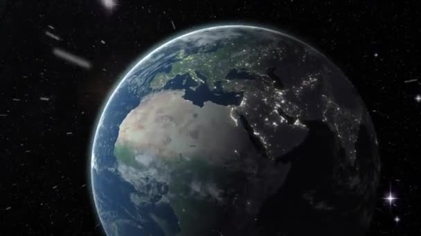 Animacja Globu Żółtymi Gwiazdami Tworzącymi Okrąg Wirującymi Nad Przestrzenią Tle — Wideo stockowe