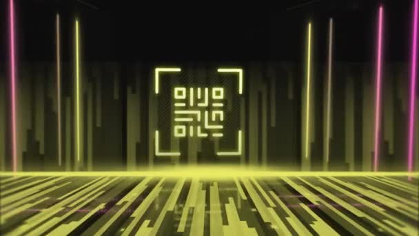 明亮的黄色Qr代码的动画 带有黄色和粉红色的霓虹灯元素和黑色背景上的光迹 全球在线安全数据技术概念数字生成的图像 — 图库视频影像