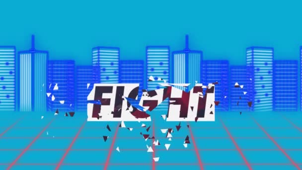 Digitale Animatie Van Fight Tekst Crashen Modellen Van Bouw Blauw — Stockvideo