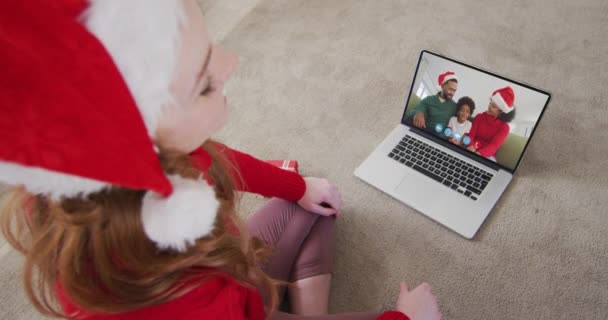Caucasian Woman Spending Time Home Wearing Santa Hat Sitting Floor — Stock Video