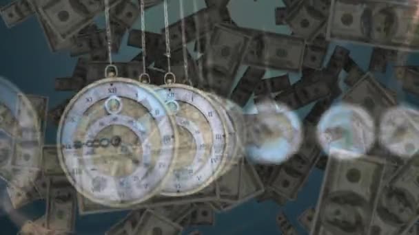 Digitale Animatie Van Meerdere Hangende Klokken Tikken Tegen Amerikaanse Dollars — Stockvideo