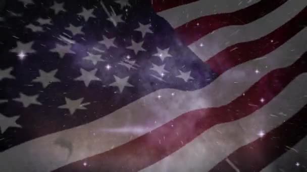 Animacja Wszechświata Wieloma Świecącymi Gwiazdami Siecią Połączeń Nad Amerykańską Flagą — Wideo stockowe