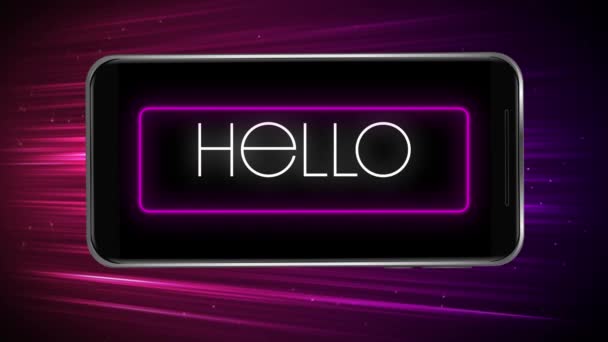 Digital Animation Hello Text Neon Rectangle Frame Light Trails Purple — Stock Video