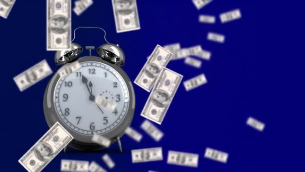 Digital Animation Alarm Clock Ticking American Dollars Bills Falling Blue — Stock Video