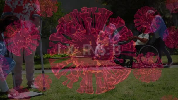 Digitally Generated Covid Text Red Coronavirus Cells Retirement House Outdoors — Stock Video