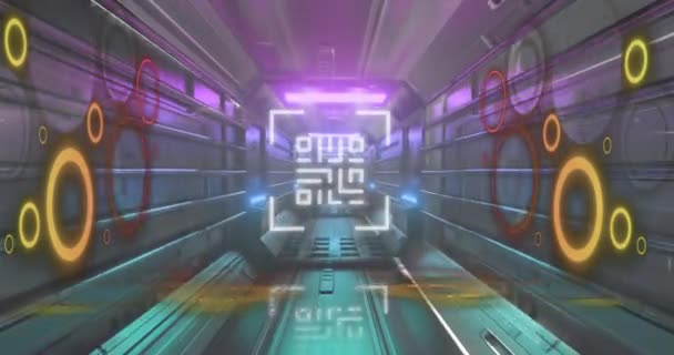 Animatie Van Gloeiende Code Met Rode Gele Neon Elementen Tunnel — Stockvideo
