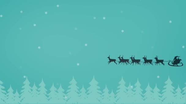 雪橇上圣爪黑色轮廓的动画被驯鹿拉着 雪落在蓝色的背景上 圣诞节庆祝活动概念数字生成的图像 — 图库视频影像