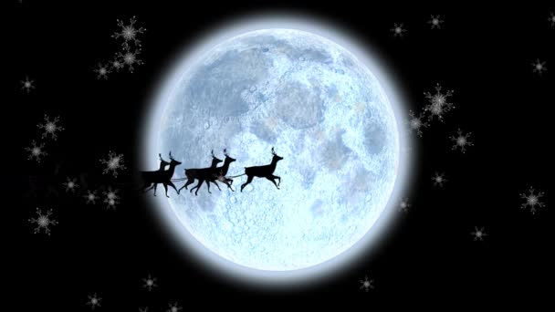 Animazione Babbo Natale Slitta Trainata Renne Neve Che Cade Luna — Video Stock