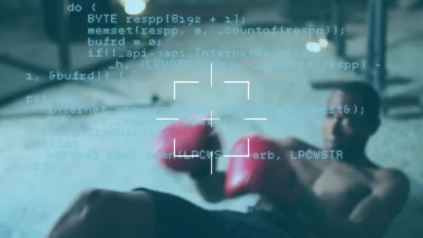 Animatie Van Digitale Interface Met Gegevensverwerking Mannelijke Bokser Met Zijn — Stockvideo