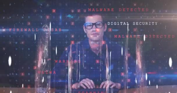 Animação Formas Flutuando Girando Processamento Dados Sobre Hacker Masculino Caucasiano — Vídeo de Stock