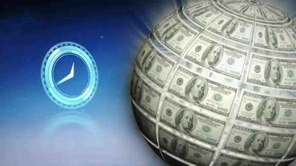Digital Animation Glowing Clock Ticking Globe American Dollars Bills Spinning — Stock Video