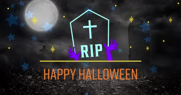 Animation Happy Halloween Rip Text Tombstone Stars Full Moon Black — Stock Video