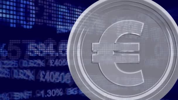 青を背景に株式市場のデータ処理に対する銀ユーロセント硬貨のデジタルアニメーション 世界経済と金融の概念は — ストック動画