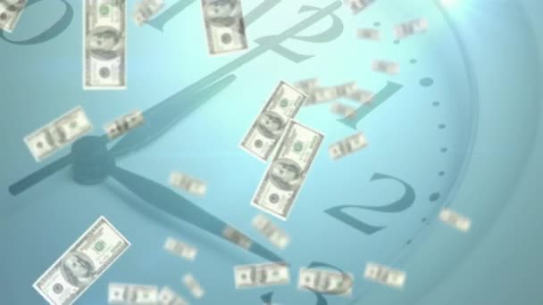 Digitale Animatie Van Amerikaanse Dollars Biljetten Tegen Klok Tikken Blauwe — Stockvideo