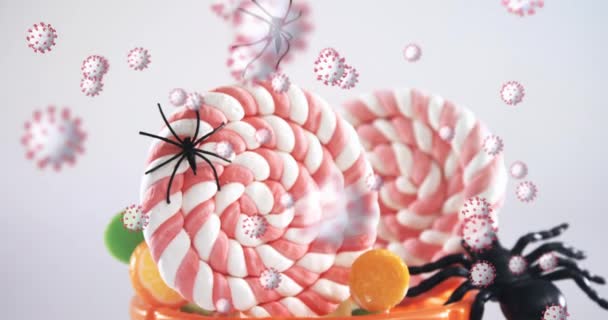 Animacja Halloween Cukierki Pająki Wiadro Pomarańczowy Wielu Covid Komórek Pływających — Wideo stockowe