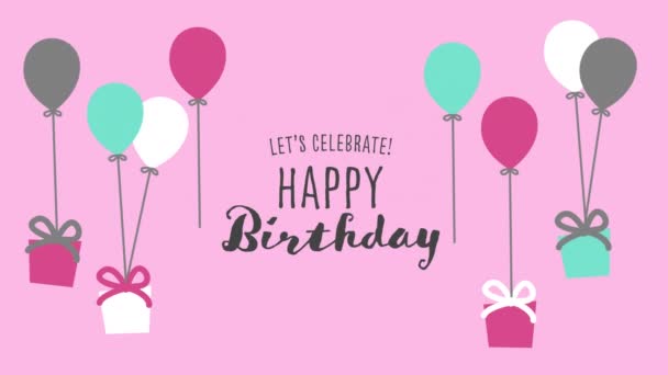 幸せな誕生日のテキストとピンクの背景に浮かぶ複数の風船や誕生日プレゼントを祝いましょう 誕生日祝いのコンセプトデジタル生成されたイメージ — ストック動画