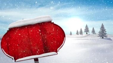 Kış manzarasında kırmızı tahta levha direğinin üzerine düşen karın dijital animasyonu. Noel kutlaması geleneği